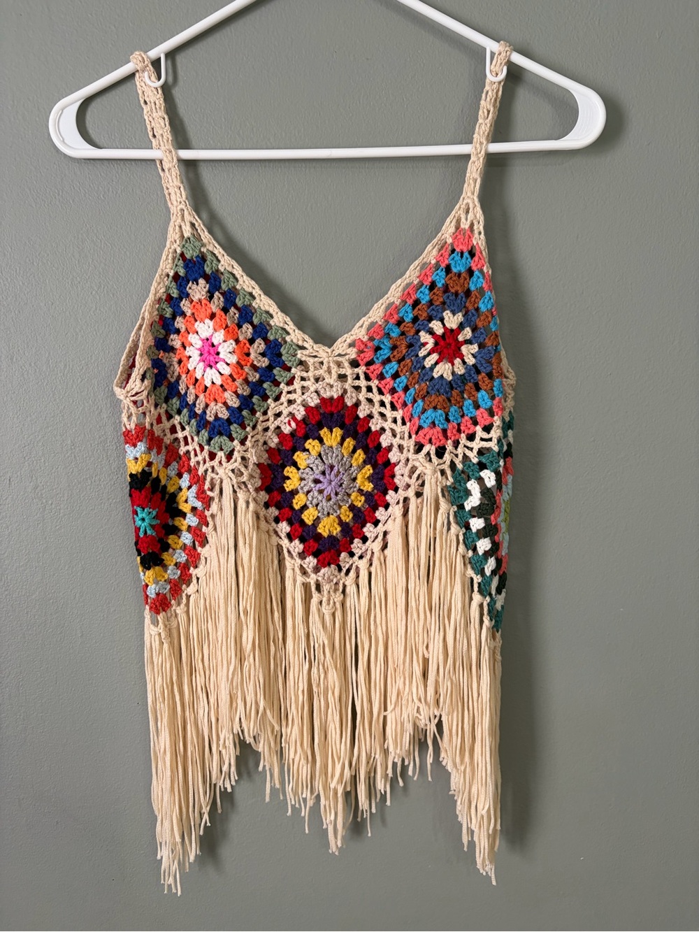 Womens Square Fringe Cami Top Spaghetti Strap Bohemian Crop Top
